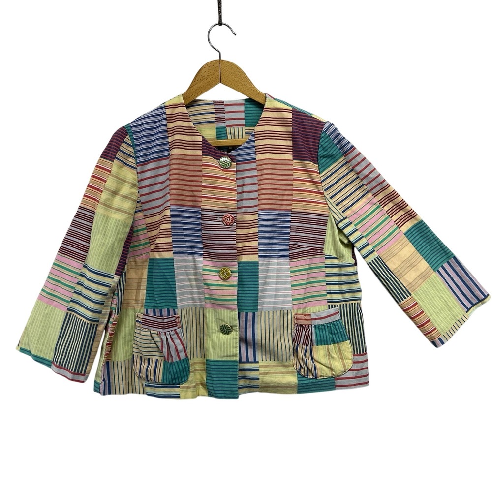 Patchwork Corduroy‎ Blazer Jacket Women's M Colorful Stripes Wood Buttons Read